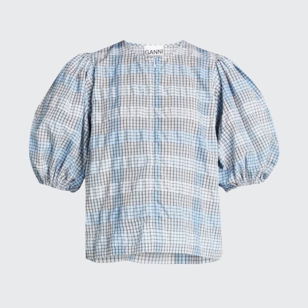 GANNI Seersucker Check Puff-Sleeve Top